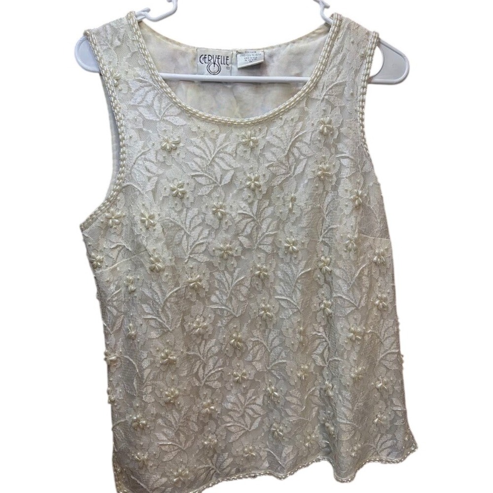 Cervelle‎ Womens Ivory Floral Lace Beaded Sleeveless Tank Top Shell Size Medium